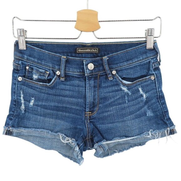 Abercrombie & Fitch Women 25/2 Blue Distressed Raw Hem Denim Jean Shorts - Picture 1 of 12